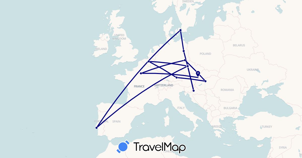 TravelMap itinerary: driving in Belgium, Czech Republic, Germany, Denmark, France, Croatia, Hungary, Portugal, Slovakia (Europe)